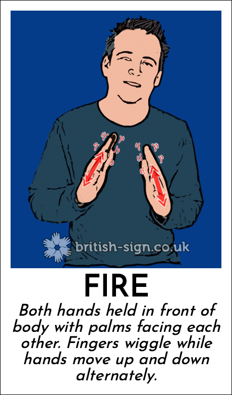 Fire: Both hands held in front of body with palms facing each other.  Fingers wiggle while hands move up and down alternately.